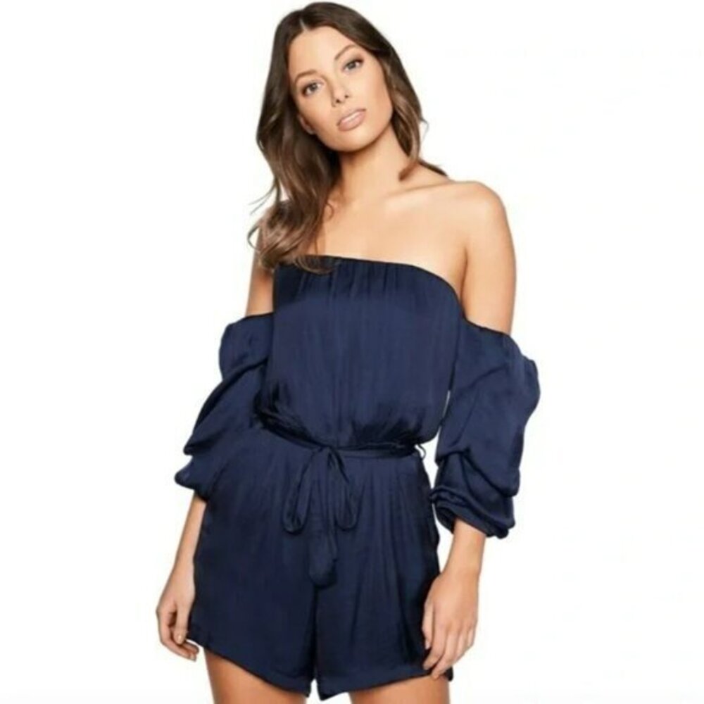 Bardot Caught Sleeve Off The Shoulder Playsuit Romper in Navy